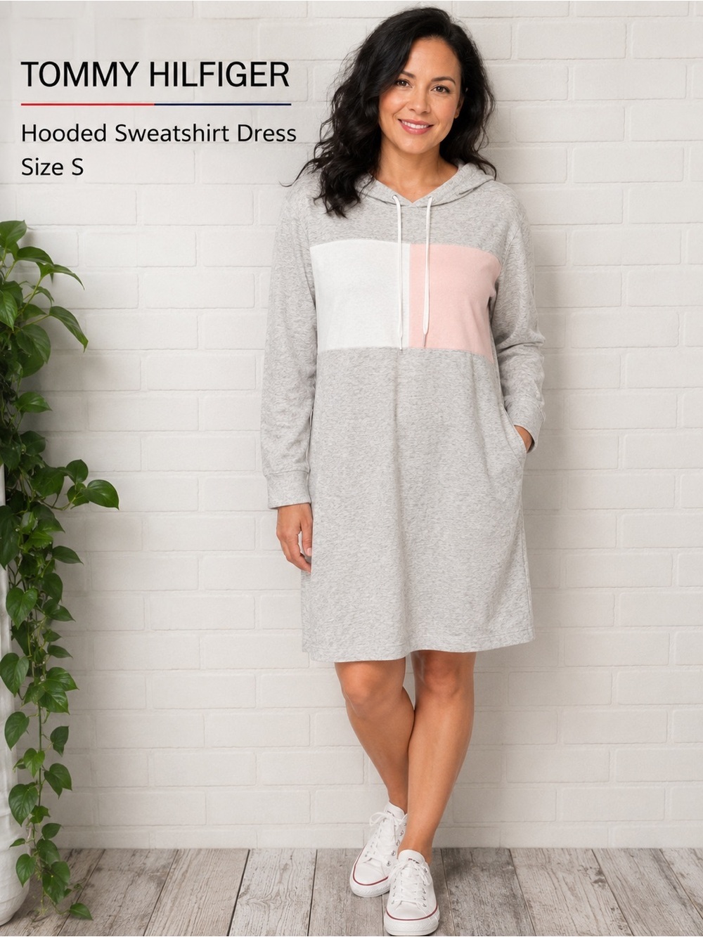 NWT Tommy Hilfiger Colorblock Hooded Sweatshirt Dress casual sporty Gray Pink/SP